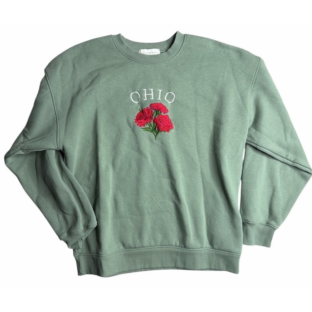 State of Nine Ohio Crewneck Sweatshirt Floral Embroidered Green Small